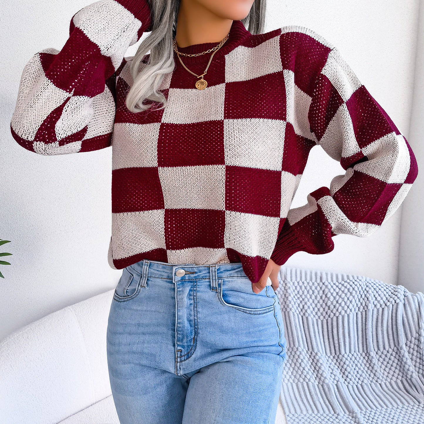 Women's Checkered Crewneck Sweater - 2025 Spring Fall Fashion Loose Pullover Top