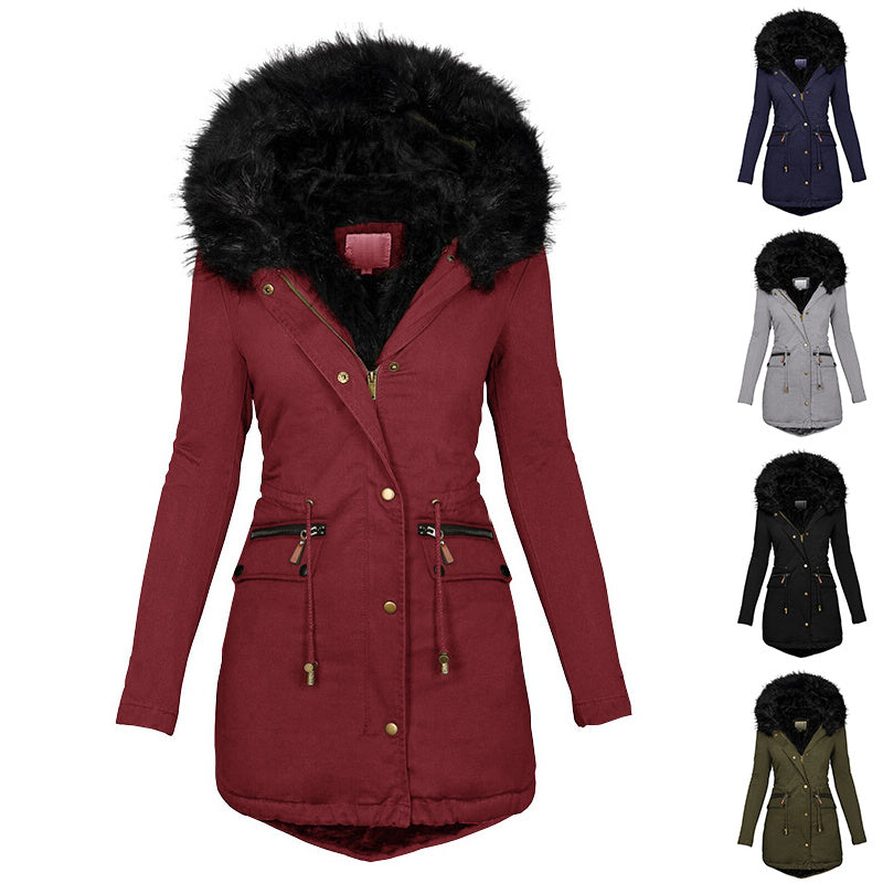 Women's Plush Hooded Parkas Winter Warm Thick  Zip-up Jackets Casual Mid-length Solid Buckle Pockets Coat Outerwear Clothing