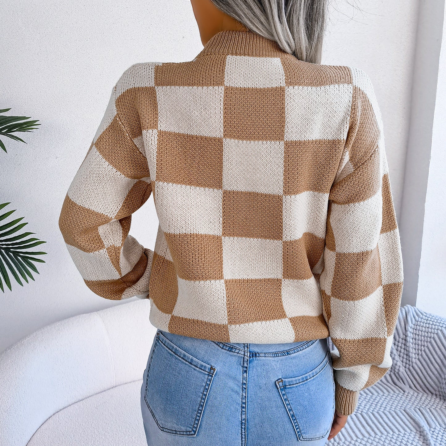 Women's Checkered Crewneck Sweater - 2025 Spring Fall Fashion Loose Pullover Top