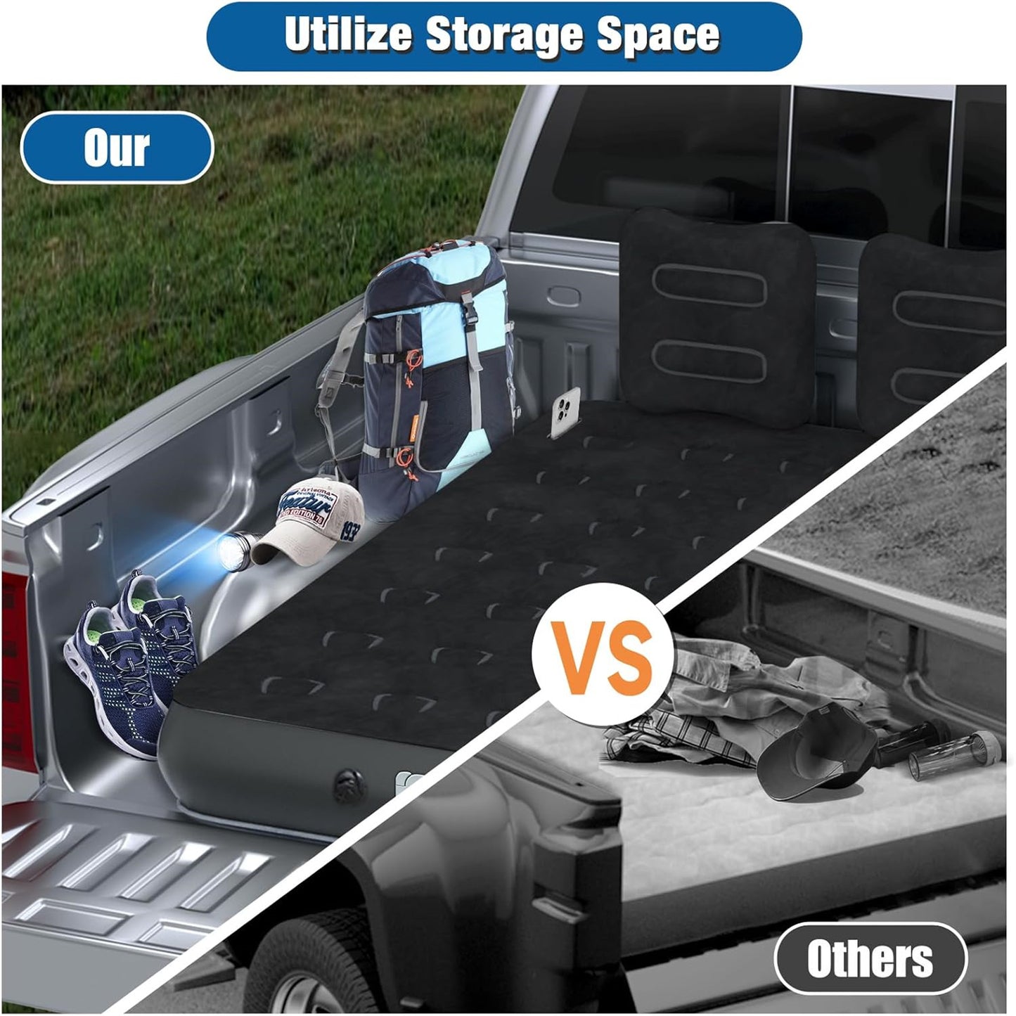 Full Size Truck Inflatable Mattress, Fits For 5.5-6.5 Ft Trucks, Inflatable Pickup Truck  Air Bed, With Phone Slot And Cup Slot, 2 Pillows, Suitable For Outdoor And Indoor