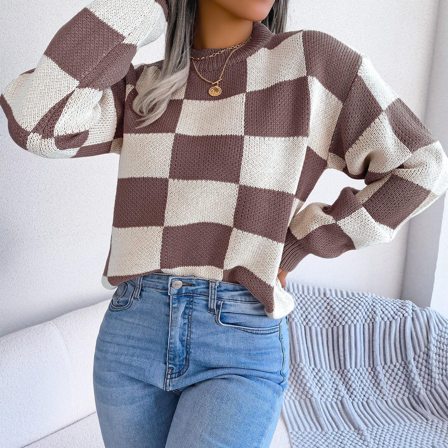 Women's Checkered Crewneck Sweater - 2025 Spring Fall Fashion Loose Pullover Top